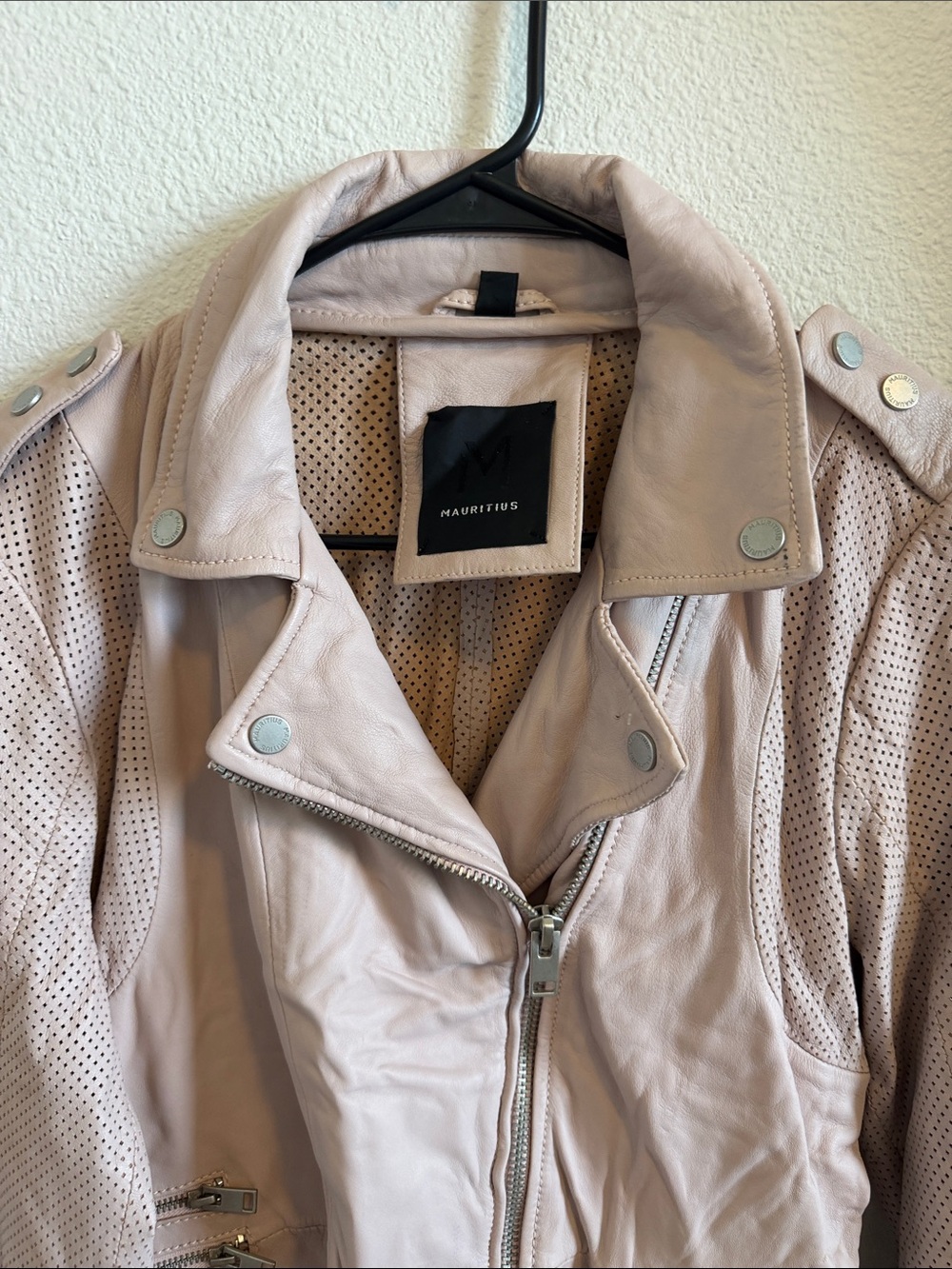 Perforated Light Pink Leather Biker Jacket by Massimo - Picture 2 of 5